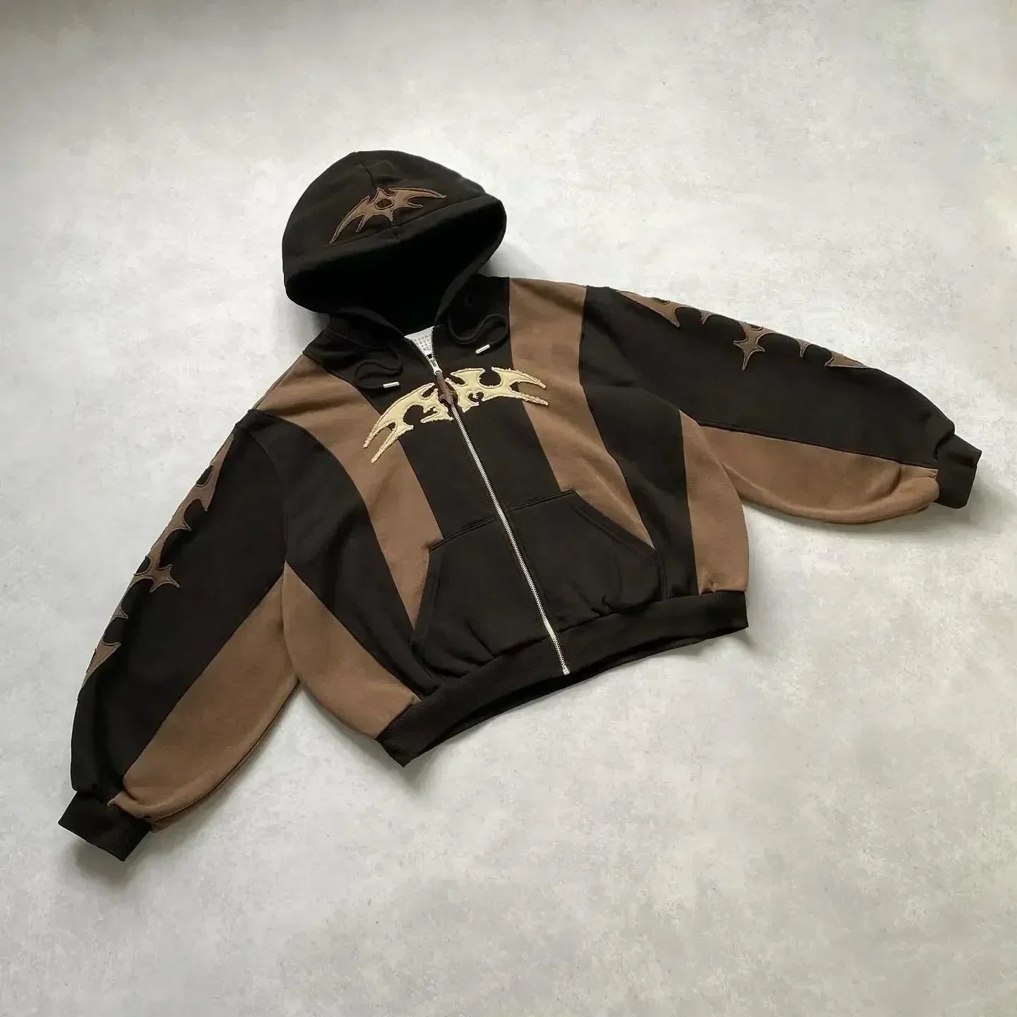 LOWERSTAR Patchwork Cropped Zipper Brown Hoodie 